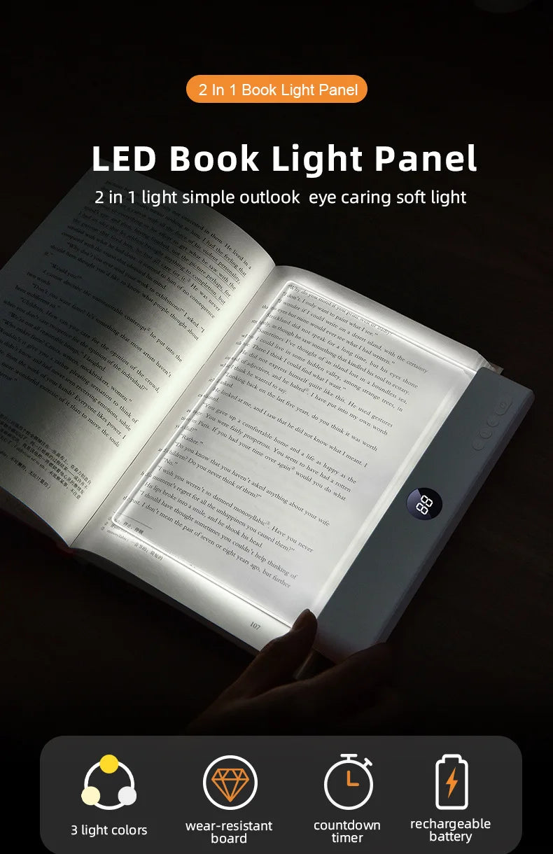 LED Flat Panel Book Light with Timer Night Vision Reading Lamp Dimmable Eye Protect Student Book Light Rechargeable Indoor