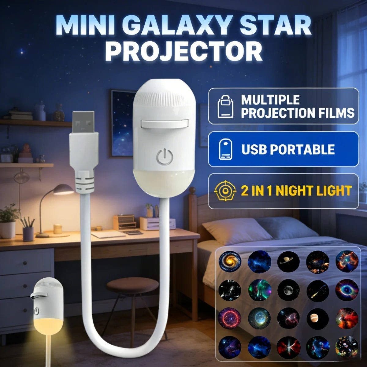 USB Mini Galaxy Star Projector Night Light Films Starry Sky Ambient Light For Bedroom Car Home Decoration For Adults And Kids