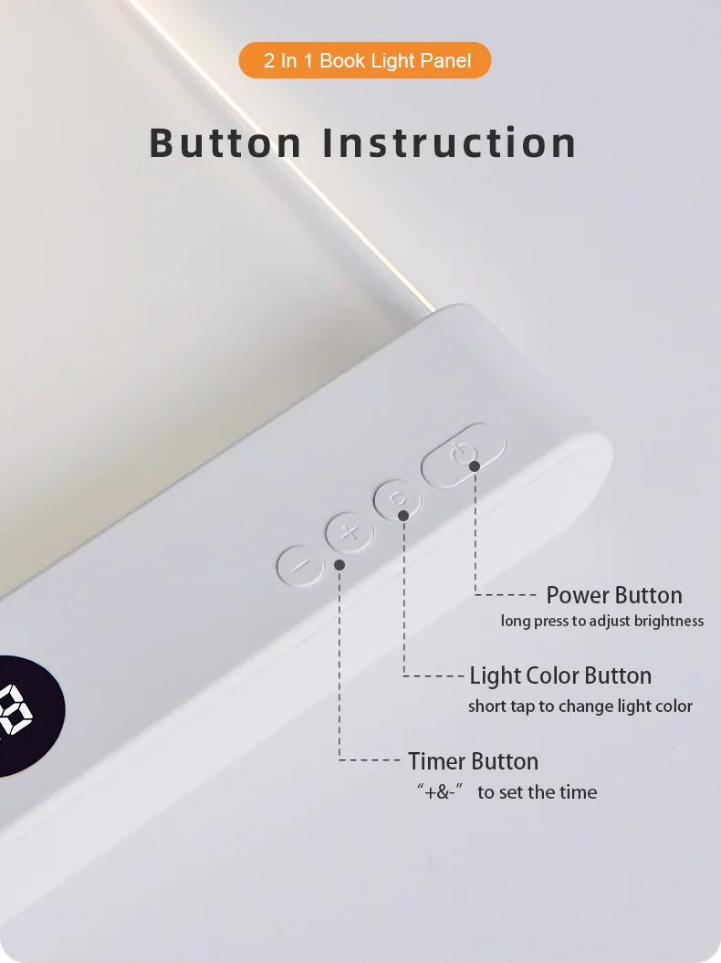 LED Flat Panel Book Light with Timer Night Vision Reading Lamp Dimmable Eye Protect Student Book Light Rechargeable Indoor