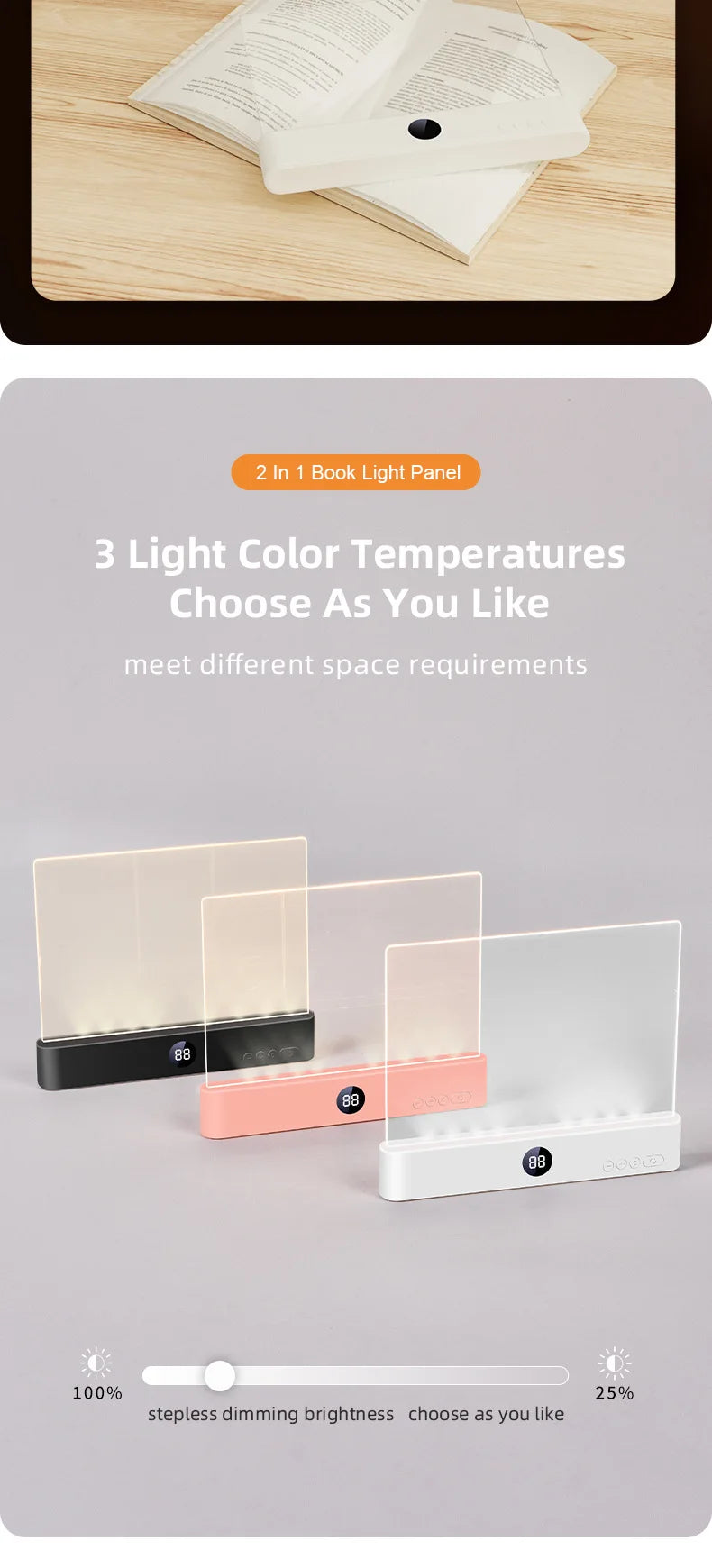 LED Flat Panel Book Light with Timer Night Vision Reading Lamp Dimmable Eye Protect Student Book Light Rechargeable Indoor